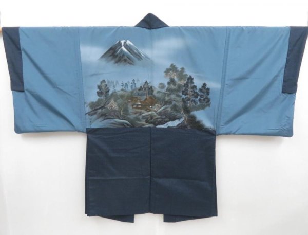 Photo1: 4719T06z610 Vintage Japanese Kimono Silk Men's HAORI Mountain Blue-Gray (1)