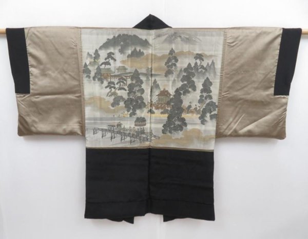 Photo1: 4719T09z650 Vintage Japanese Kimono Silk Men's HAORI Daimyogyoretsu Black (1)