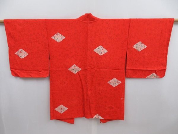 Photo1: 4721T12z530 Vintage Japanese Kimono Silk HAORI Flowers Tomato red (1)