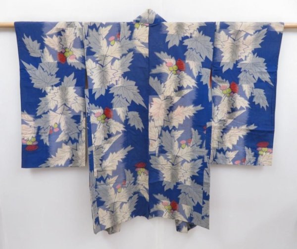 Photo1: 4722T02z630 Antique Japanese Kimono Jinken Long HAORI Flower Oriental blue (1)