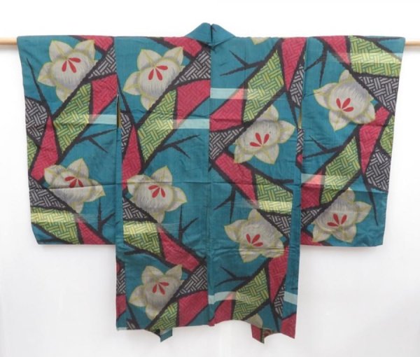 Photo1: 4722T03z540 Antique Japanese Kimono Silk MEISEN HAORI Tachibana Green-Blue (1)