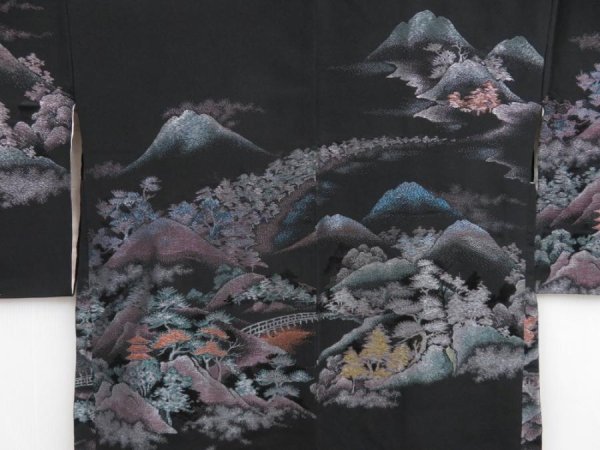 Photo1: 4722T08z620 Vintage Japanese Kimono Silk HAORI Scenery Black (1)