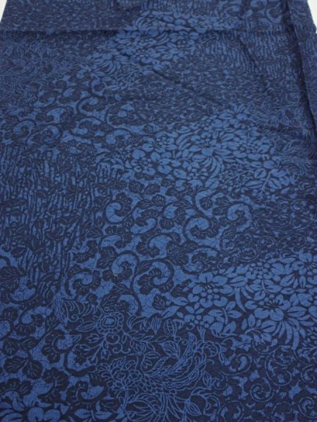 Photo1: 2C02z60  Japanese Kimono Silk  FABRIC Flowers Indigo blue 40.9x14.6 (1)