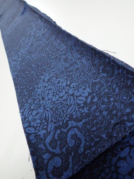 Photo1: 2C07z40  Japanese Kimono Silk  FABRIC Flowers Indigo blue 57.5x7.3 (1)