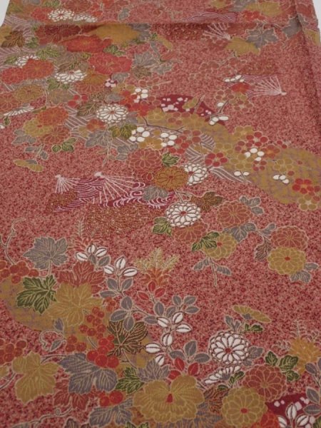 Photo1: 2C01z60  Japanese Kimono Silk  FABRIC Flowers Red-Brown 40.9x14.4 (1)