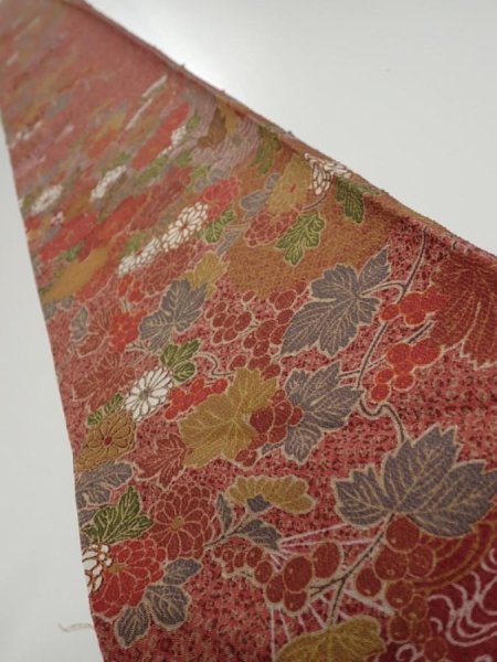 Photo1: 2C07z50  Japanese Kimono Silk  FABRIC Flowers Red-Brown 58.3x7.1 (1)