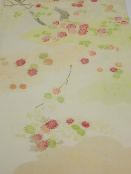 Photo1: 2C01z60  Japanese Kimono Silk  FABRIC Chrysanthemum Light lime 47.2x14.2 (1)