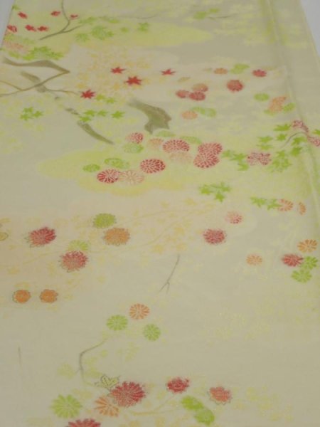 Photo1: 2C03z80  Japanese Kimono Silk  FABRIC Chrysanthemum Light lime 62.2x14.2 (1)