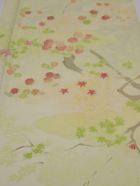 Photo1: 2C05z80  Japanese Kimono Silk  FABRIC Chrysanthemum Light lime 63.0x14.2 (1)