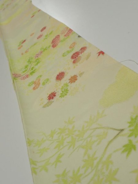 Photo1: 2C06z40  Japanese Kimono Silk  FABRIC Chrysanthemum Light lime 54.3x7.1 (1)