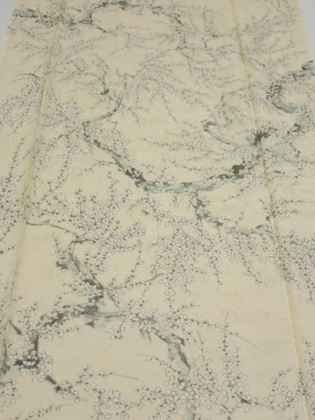 Photo1: 2C02z90  Japanese Kimono Silk  FABRIC Plum tree Pale yellow 64.2x14.2 (1)