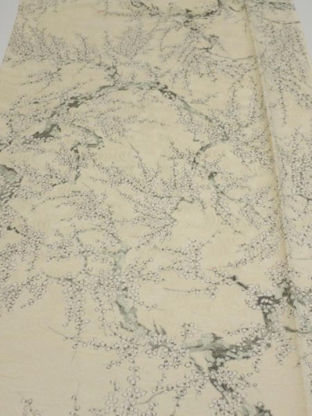 Photo1: 2C03z90  Japanese Kimono Silk  FABRIC Plum tree Pale yellow 63.0x14.2 (1)