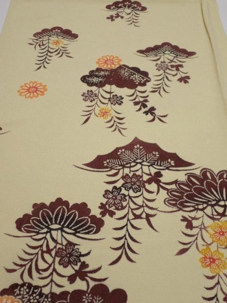 Photo1: 2F01z70  Japanese Kimono Crepe Silk  FABRIC Kyo-bingata Light Straw 42.5x14.2 (1)