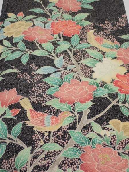 Photo1: 2F01z80  Japanese Kimono Crepe Silk  FABRIC Flowers  Bird 47.2x14.0 (1)