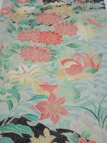 Photo1: 2F05z120  Japanese Kimono Crepe Silk  FABRIC Flowers Mandarin duck 65.4x13.6 (1)