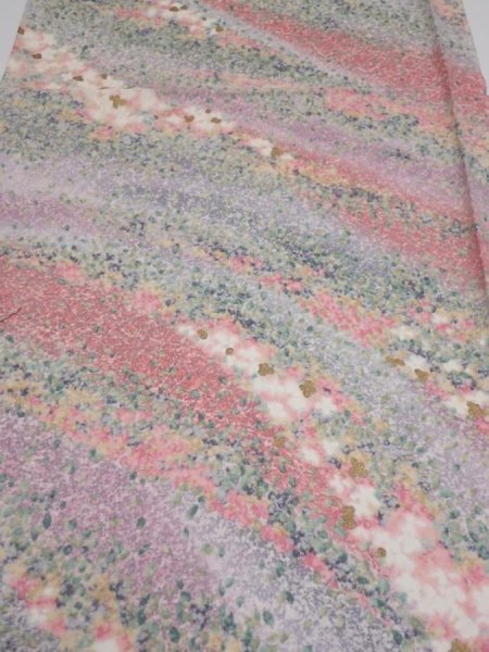 Photo1: 2F01z60  Japanese Kimono Silk  FABRIC Flowers Pink 40.9x15.0 (1)