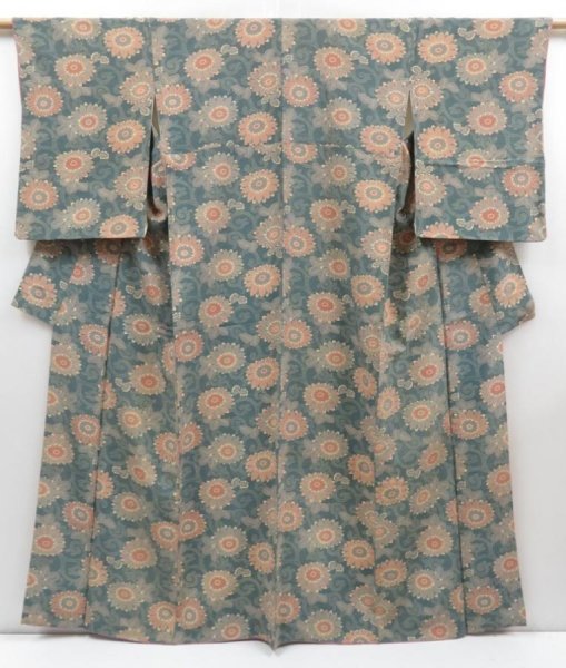 Photo1: 4803T10z930 Vintage Japanese Kimono Silk KOMON Flower Dull cyan (1)