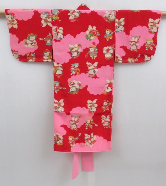 Photo1: 4805T02z240 Vintage Japanese Kimono Jinken Girl's   Red (1)