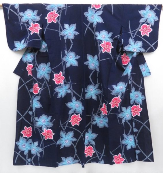 Photo1: 4805T08z450 Vintage Japanese Kimono Cotton YUKATA Flower Dark navy (1)