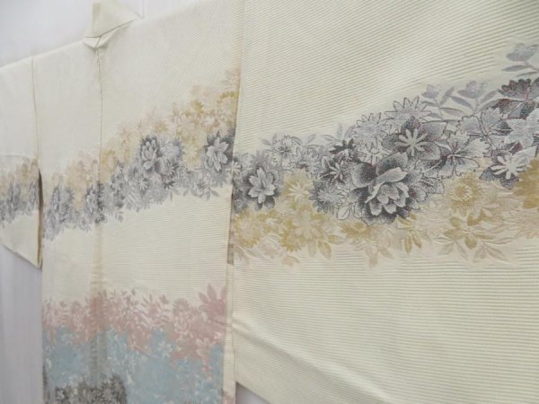 Photo1: 4805T09z560 Vintage Japanese Kimono Silk HAORI Flowers Lime-white (1)