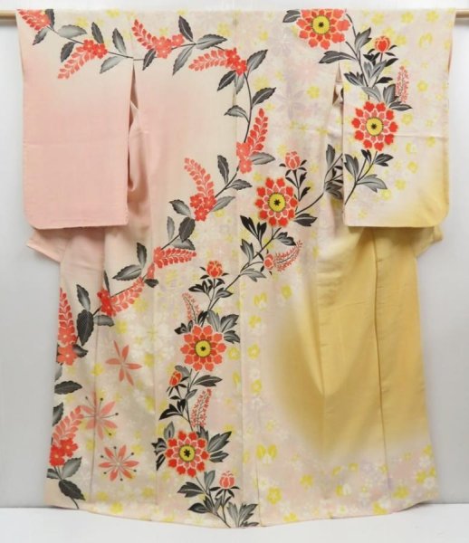 Photo1: 4806T09z990 Vintage Japanese Kimono Silk TSUKESAGE Flower Peach-Beige (1)