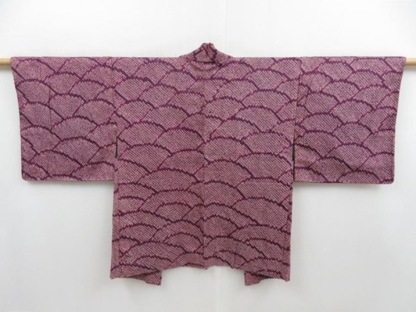 Photo1: 4809T06z440 Vintage Japanese Kimono Silk SHIBORI HAORI Wave Dark purple (1)