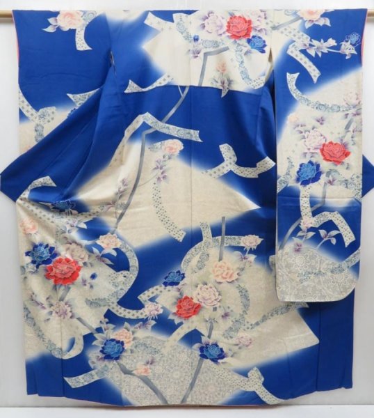 Photo1: 4810T11z1180  Japanese Kimono Silk FURISODE Rose Oriental blue (1)