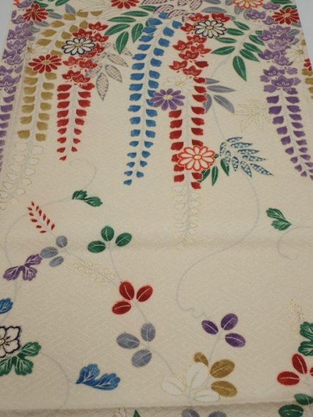 Photo1: 2A01z70  Japanese Kimono Silk  FABRIC Flowers Off-white 47.2x14.6 (1)