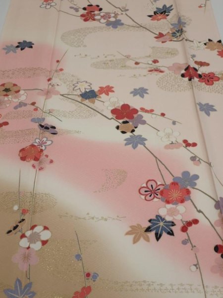 Photo1: 2B04z90  Japanese Kimono Silk  FABRIC Plum blossom Light pink 69.3x14.6 (1)