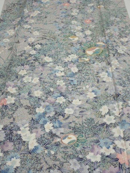 Photo1: 1V03z90  Japanese Kimono Silk  FABRIC Sakura Light gray 65.4x15.0 (1)