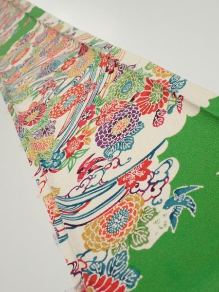 Photo1: 1V07z50  Japanese Kimono Crepe Silk  FABRIC Kyo-bingata Green 59.8x7.5 (1)