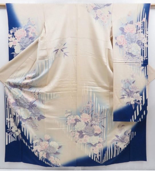 Photo1: 4811T03z1080 Vintage Japanese Kimono Silk FURISODE Rose Off-white (1)