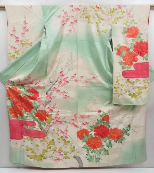 Photo1: 4811T08z930 Vintage Japanese Kimono Silk FURISODE Peony Pistachio green (1)