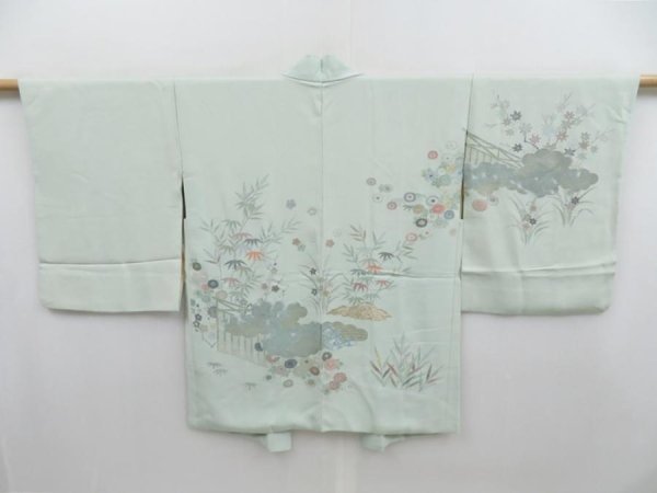 Photo1: 4812T13z610 Vintage Japanese Kimono Silk HAORI Chrysanthemum Celadon (1)