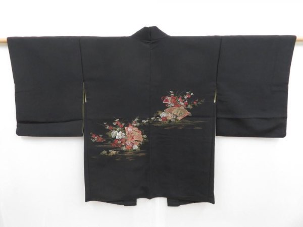 Photo1: 4813T03z570 Vintage Japanese Kimono Silk HAORI Flowers Black (1)