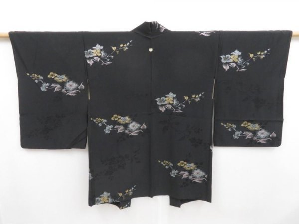 Photo1: 4813T07z540 Vintage Japanese Kimono Silk HAORI Flowers Black (1)