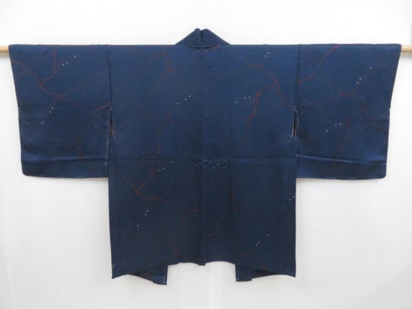 Photo1: 4813T08z570 Vintage Japanese Kimono Silk HAORI Branch Dark blue (1)