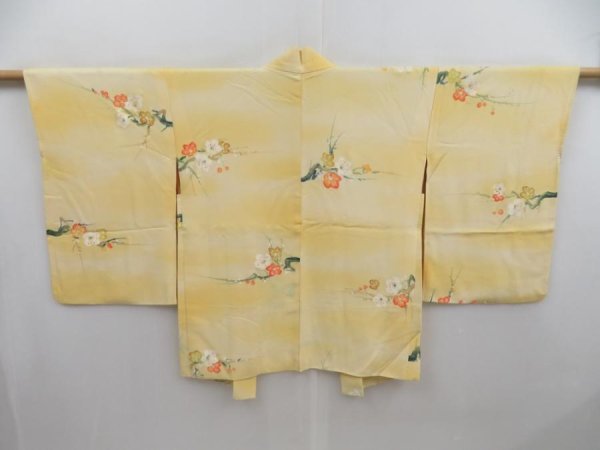 Photo1: 4813T12z630 Vintage Japanese Kimono Silk HAORI Plum branch Straw yellow (1)