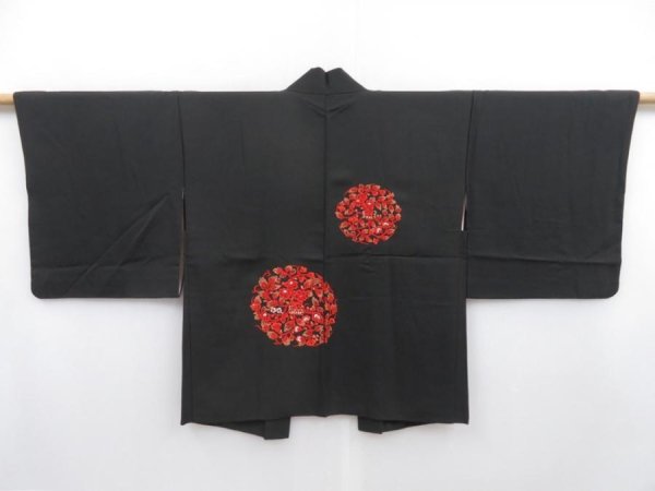 Photo1: 4816T10z570 Vintage Japanese Kimono Silk HAORI Flowers Black (1)