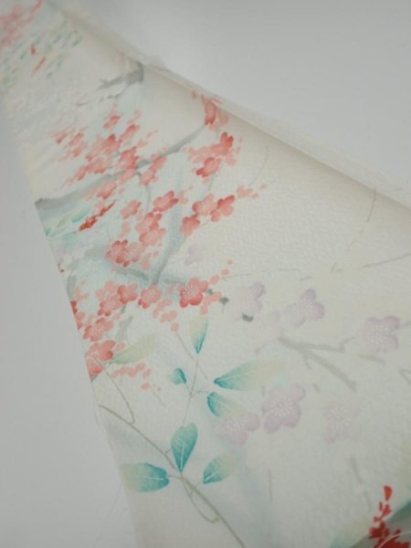 Photo1: 2R07z40  Japanese Kimono Silk  FABRIC Plum tree Off-white 56.7x7.1 (1)