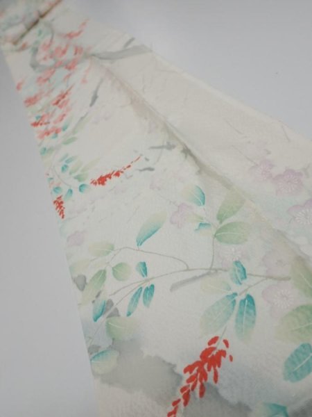 Photo1: 2R09z50  Japanese Kimono Silk  FABRIC Plum tree Off-white 76.4x7.1 (1)