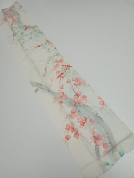 Photo1: 2R10z30  Japanese Kimono Silk  FABRIC Plum tree Off-white 39.4x7.3 (1)