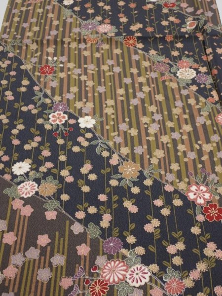 Photo1: 2R02z50  Japanese Kimono Silk  FABRIC Sakura Dark gray 38.2x14.8 (1)