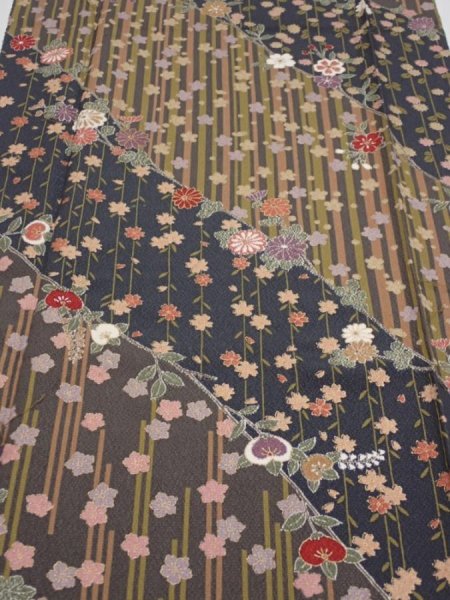 Photo1: 2R03z90  Japanese Kimono Silk  FABRIC Sakura Dark gray 67.7x14.8 (1)