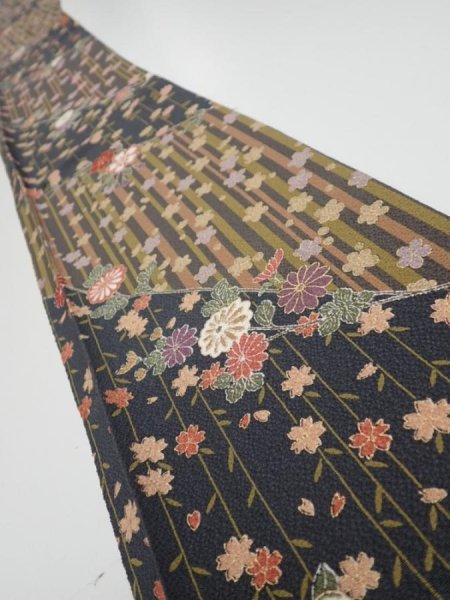 Photo1: 2R07z40  Japanese Kimono Silk  FABRIC Sakura Dark gray 64.2x7.5 (1)