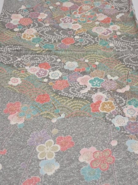 Photo1: 2R02z60  Japanese Kimono Silk  FABRIC Plum branch Light gray 43.3x14.8 (1)