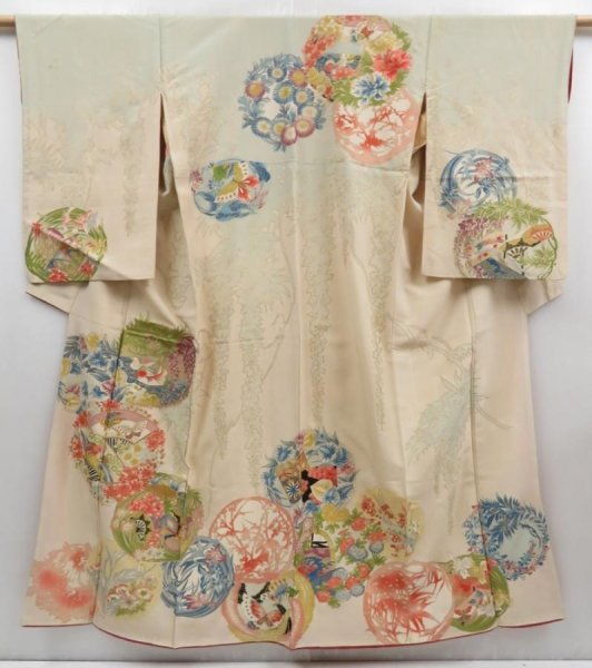 Photo1: 4817T08z810 Vintage Japanese Kimono Silk TSUKESAGE Flowers Sand beige (1)