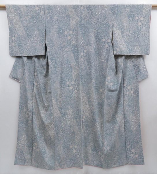 Photo1: 4817T11z830 Vintage Japanese Kimono Silk KOMON Flowers Dull light blue (1)