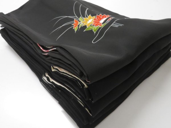 Photo1: 103BH07z Vintage Japanese Kimono Silk BLACK HAORI 5pcs FREE SHIPPING (1)