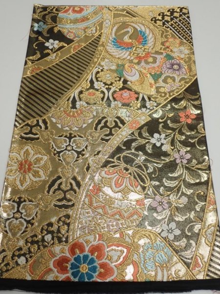 Photo1: 1D03z  Japanese Kimono Silk Obi FABRIC material Tsuru Gold (1)